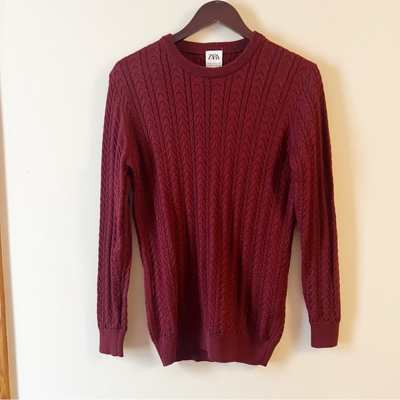 Zara Crewneck Maroon Cable Knit Sweater Size Medium Long Sleeves - Picture 1 of 7